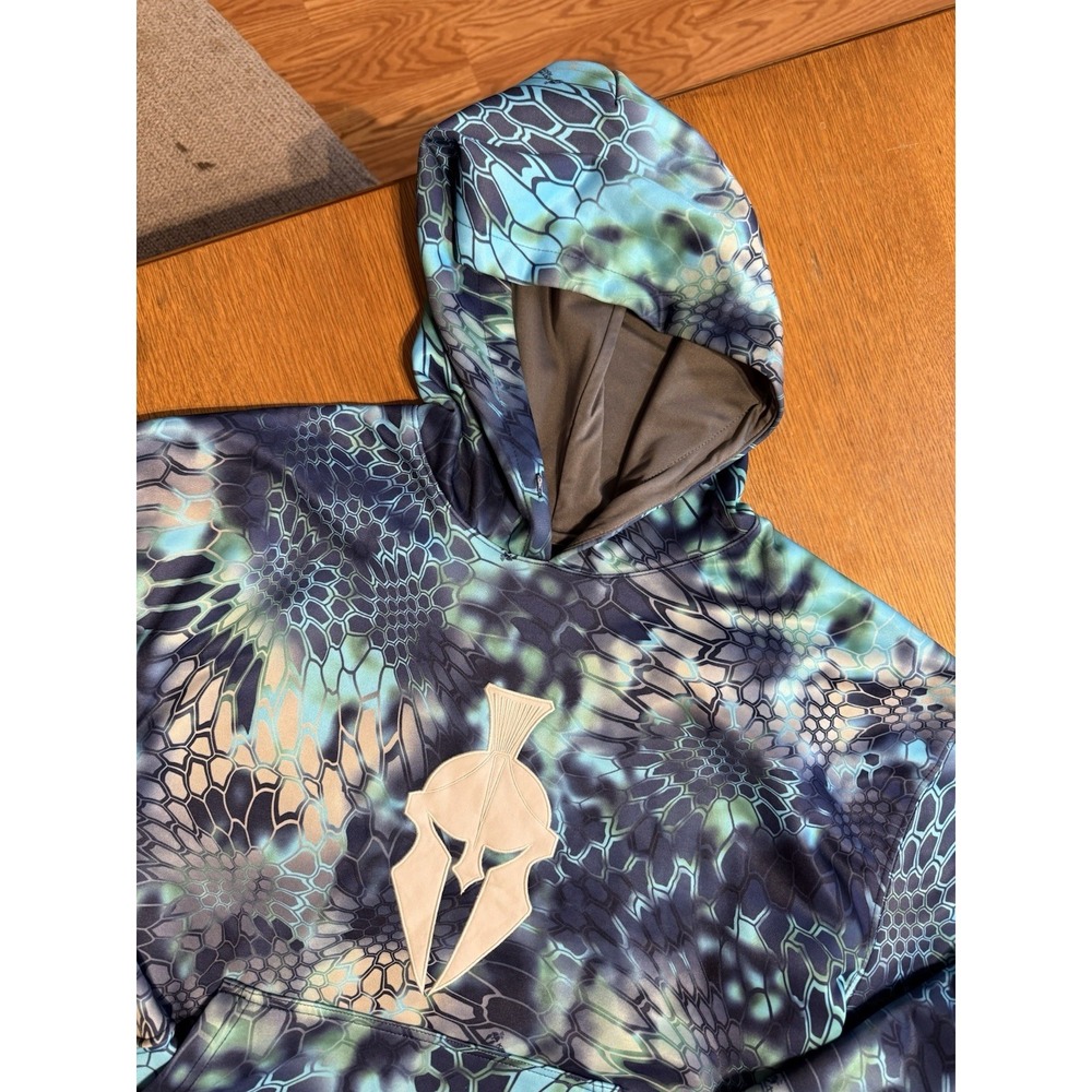 Kryptek Hoodie Mens Large Blue Aqua Camo Spartan Helmet Fleece Pullover Fishing
